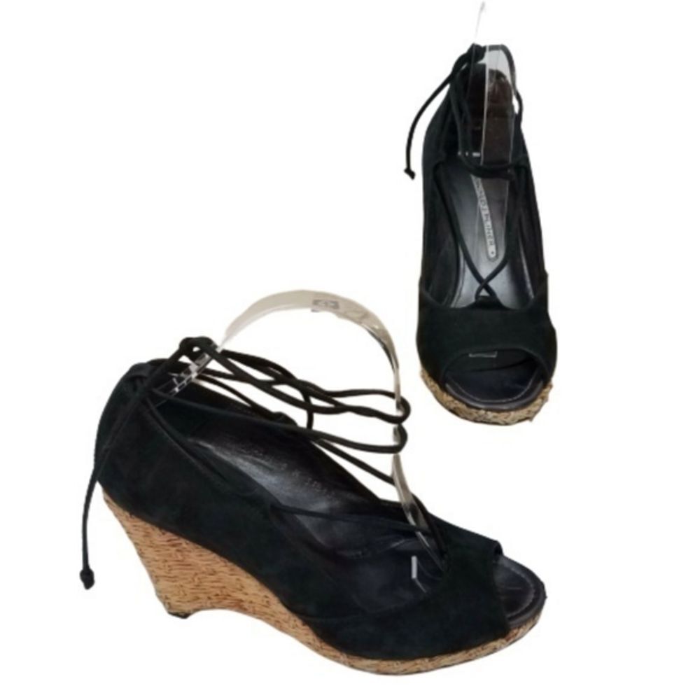 Donald J pliner wedges mana black‎ lace up ankle st